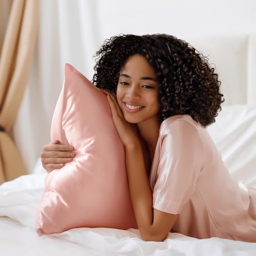Image of Satin Pillow Covers Set of 2 with 3 Free Random Color Hair Scrunchies - Anti-Frizz, Skin-Friendly, Soft & Durable Pillowcase Set for All Hair Types (Coral)
