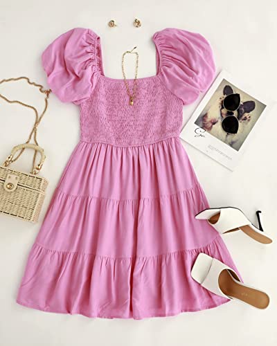 Image of ZESICA Women's Boho 2026 Summer Square Neck Puff Sleeve Off Shoulder Smocked Tiered Casual A Line Short Mini Dress