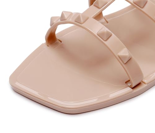 Image of Women Flats Sandals, Studded Jelly Shoes Size 9 Red Dressy Summer Beach Rivets Strappy Jellies Slide Slip On Open Toes