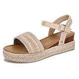 SHIBEVER Platform Sandals Women Espadrilles Wedge Sandals for Women Buckle Ankle Strap Shoes Apricot 8.5