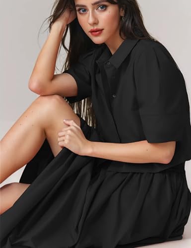 Womens Summer 2 Piece Outfits Skirt Sets Button Short Sleeve Tops Elastic Waist Maxi Dress Sets with Pockets3