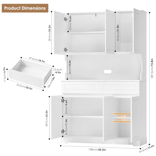 Image of FACBOTALL 74 inch Pantry Cabinet, Tall Kitchen Pantry Cabinet with 6 Doors and 2 Drawers, Kitchen Hutch with Wide Countertop, Modern Kitchens Cupboard with Adjustable Shelves and Charge Holes, White