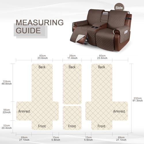 Image of KinCam 100% Waterproof Recliner Loveseat Cover with Console, Non-Slip Reclining Couch Covers for 2 Seat, Recliner Sofa Cover Furniture Protector with Elastic Straps for Kids, Pets, Brown