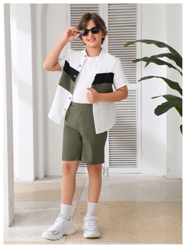 Image of GORGLITTER Boy's Short Sets Clothing Set Button Down Short Sleeve Shirt and Shorts Summer Outfits 2 Piece 8-12Y Army Green 12Y