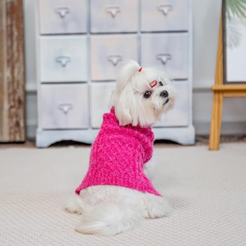 Image of Turtleneck Small Dog Sweaters - Classic Cable Knitwear Winter Coat for Small Medium Dogs Male Female Puppy Dog Cold Weather Clothes Girls Boys, Hot Pink, M