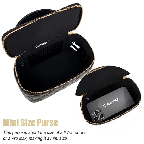 Small Genuine Leather Purse Quilted Crossbody Bag for Women, Mini Top-Handle Shoulder Handbag w/Gold Chain Strap4