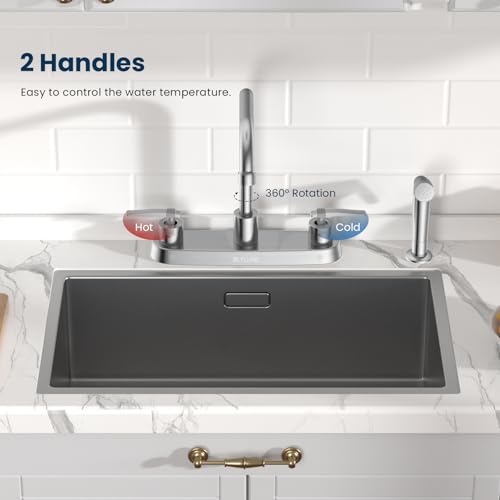 Image of 4 Hole Kitchen Faucet with Sprayer, Two-Handle Stainless Steel High Arch 8 Inch Centerset Sink Faucets with Side Sprayer for Commercial RV Laundry Utility Kitchen Faucet (Brushed Nickel)