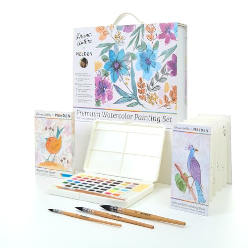 MEEDEN x Diane Antone Limited Edition Watercolor Paint Set - 48 Colors Portable Watercolor Kit with 3 Watercolor Brushes Lining Coloring Pages Watercolor Paper & Postcards - Art Supplies for Adults Ideal Painting Kit for Beginners & Pros