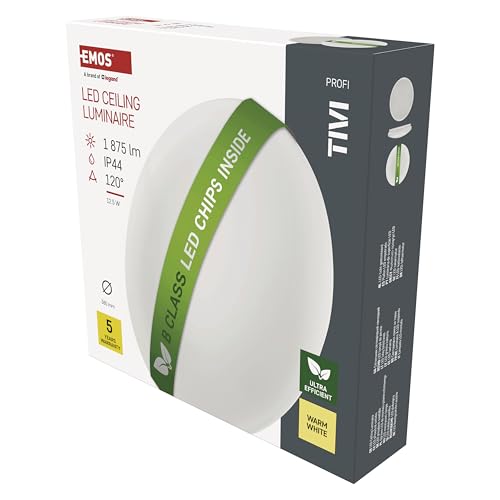 EMOS LED Deckenleuchte TIVI 12,5W, wasserdichte IP44 Aufbauleuchte für Innen, sparsame Wandleuchte in Weiß, rund 38 cm, Helligkeit 1875lm, ersetzt 130W Glühbirne, Warmweiß 3000K, Effizienzklasse B