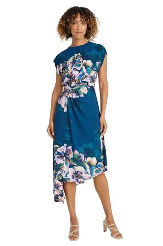 Maggy London Midi Sleeveless with Ruched Waist, Asymmetric Ruffle Hem, Floral Dress for Women