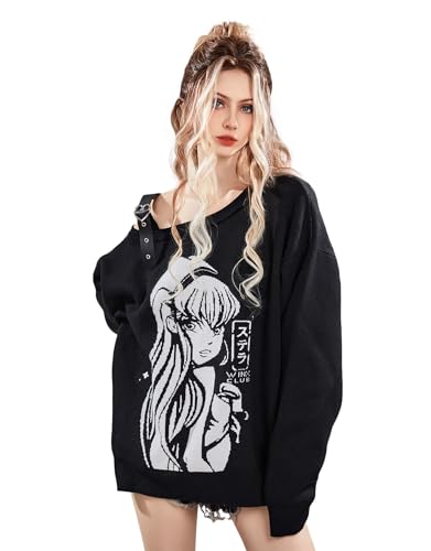 Winx Club Women's Flora Print Pullover Sweaters Long Sleeved Sweaters Casual Fall Sweatshirt Black, Large