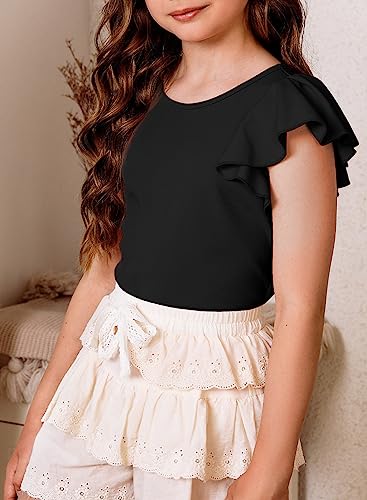 Image of blibean Girls Ruffle Short Sleeve Shirts Summer Tops Size 4-15Y | Cute Butterfly Sleeve Tee, Kids Fashion Casual Tshirt, Solid Blouse for Tween Teen, Dessy Outfits