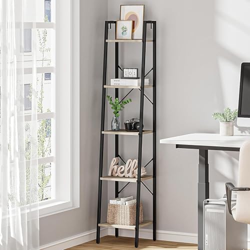 Hzuaneri Ladder Shelf, Bookshelf Bookcase, Freestanding Corner Storage Shelve with 2 Hooks for Home Office, Living Room, Kitchen, Bedroom, Industrial, 11.8' D x 13.4' W x 63' H, Greige BC03205B