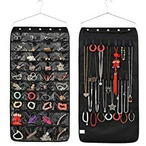 Juehu Organisateur De Bijoux Suspendus,Suspendus Rangement Bijoux Double Face 80 Poches Double Face Sac De Rangement à Bijoux Noir Pour Bracelets Colliers Bijoux Lunettes De Soleil/Boucles D'oreilles