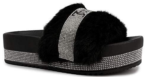 Juicy Couture Womens Orbit Womens Slide Sandals, Beach Sandals for women, Flip Flops Sandals, Pool Slides Shoes, Size 8 Black Fur