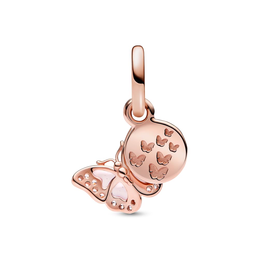 PANDORA Pendente a forma di farfalla Moments, placcato in oro rosa 14 k, con zirconi cubici rosa e trasparenti, plica rosa trasparente smaltata