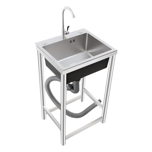 Fregadero móvil de 45 x 41 x 75 cm, capacidad de carga de 50 kg, independiente, de acero inoxidable, lavabo con grifo, tubo de entrada y escurreplatos para hogares, restaurantes