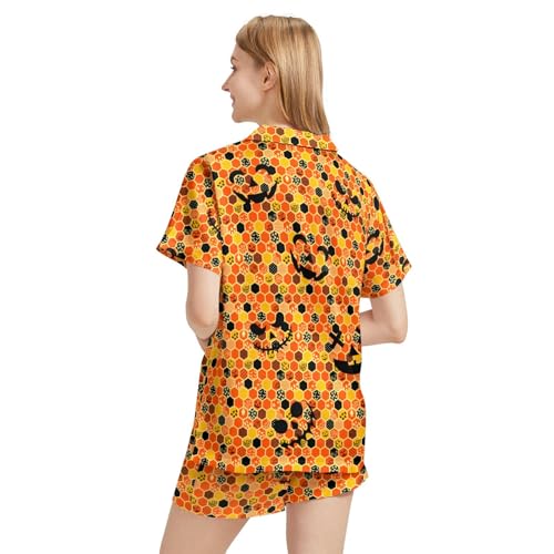 Image of Funny Pajamas for Women Set Print Satin Loungewear Pjs Short Sleeve Button Down Top and Shorts Sets Sleepwear XS-3XL