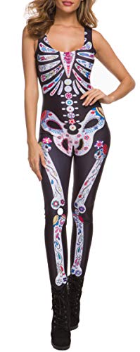 NuoReel Women's Print Sleeveless Sugar Skull Adult Halloween Catsuit Costume One Size