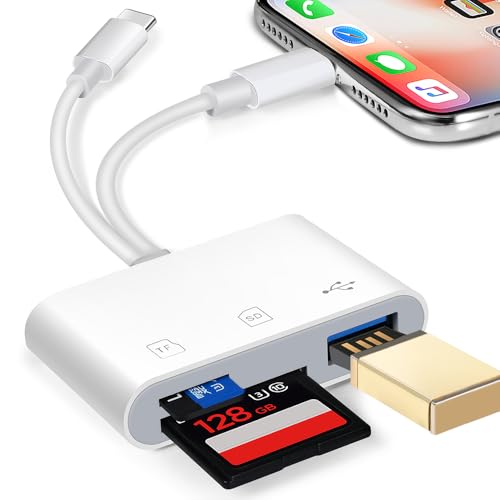SD Card Reader for iPhone iPad, hua xun yuan Memory Card Reader Built-in Dual Port Connector Card Adapter with SD/MicroSD/USB-A 3 Slots, No App Required, Plug and Play