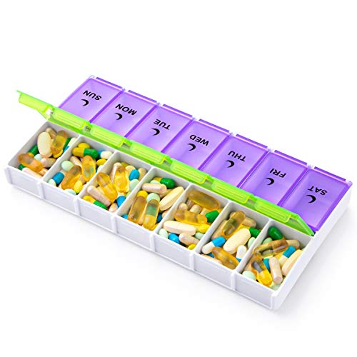 Image of DANYING Extra Large Pill Organizer 2 Times a Day, XL Weekly Pill Box, AM PM Pill Case, Pill Container 7 Day, Vitamin Case Twice a Day, Green & Purple