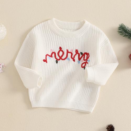 Toddler Girl Merry Print Christmas Sweaters Long Sleeve Letter Embroidery Knit Pullovers Kid Jumper Tops3