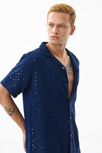 Image of SNITCH Men Casual Shirt | Regular Fit Half Sleeve Cuban Collar Textured Pattern with Embellished Sequins | 100% Viscose & Breathable Fabric for Everyday Wear