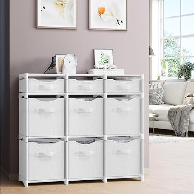 9 Cube Closet Organizers And Storage | Includes All Storage Cube Bins | Easy To Assemble Closet Storage Unit With Drawers | Room Organizer For Clothes, Baby Closet Bedroom, Playroom, Dorm (White Grey)
