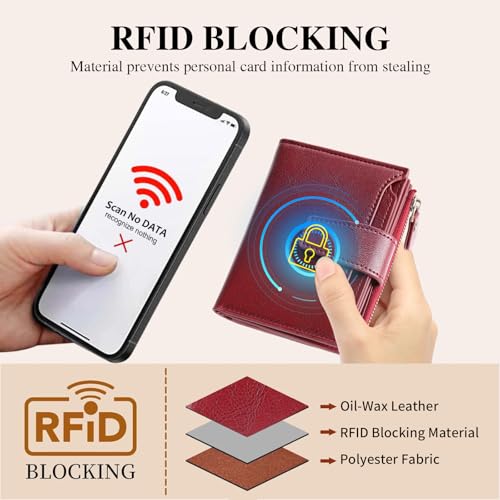 Image of GOIACII Leather Women's Wallet RFID Blocking Credit Card Holder Red | Compact, Small, Trifold Billfold with Zipper Coin Pocket, 4 ID Windows
