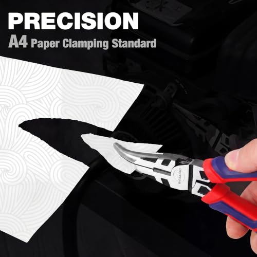 Image of WORKPRO Premium 6 inch Bent Needle Nose Pliers(Smooth Jaw), Paper Clamp Precision, Heavy-Duty CRV Steel, Soft Grip with Wire Cutter, Long Nose Cutting Pliers