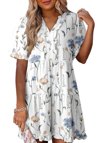 Image of Dokotoo Womens Summer Dresses 2026 V Neck A Line Short Sleeve Casual Ruffle Babydoll Mini Dress