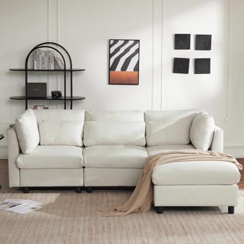 KOMHTOM Canape 3 Places Beige avec Coussin Canape d Angle Salon Moderne en Forme de L