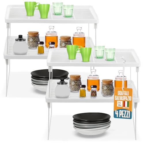 AKITAInk Scaffale Portaspezie, Set di 4 Scaffali Impilabili, Versatili e Robusti con gambe reclinabili - Organizzatori da Cucina Espandibili, Scaffale da Cucina Impilabile, Plastica e Metallo, Bianco