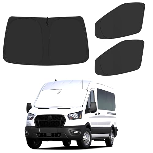 ULROLIT Front Windshield ＆ Side Window Sun Shade for 2015-2024 Fo-rd Transit Van High and Medium Roof, Foldable Window Sunshade Sun Visor Protector, Window Shades Blocks UV Rays Heat, Pack of 3