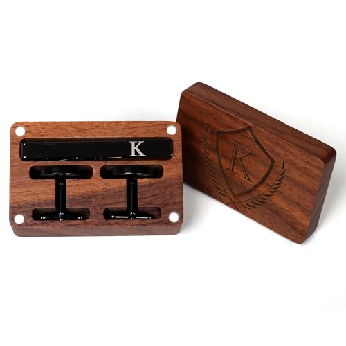 Image of Mens Initial Cufflinks and Tie Clip A-Z Alphabet Letter Black Stainless Cuff Links Tie Bar with Engraved Walnut Wood Box Groom Groomsman Wedding Set