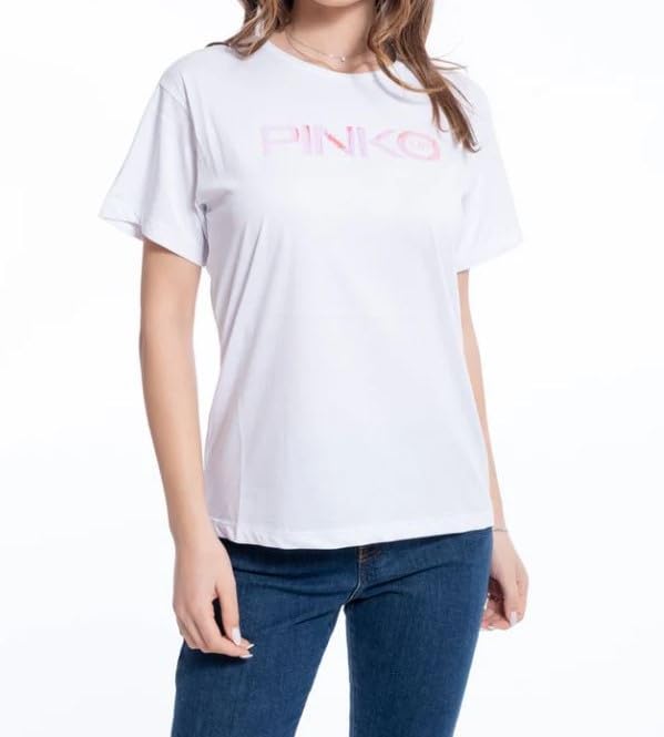 T-shirt Donna Pinko Up T-Shirt Maglietta, Donna, Scritta oleografica, Cotone Regular Fit (IT, Testo, M, Regular, Regular, Bianco)