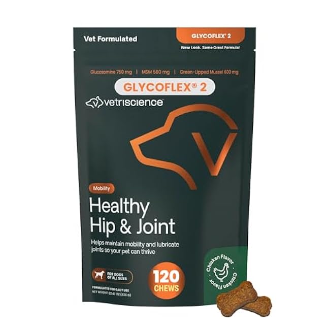 VetriScience Healthy Hip & Joint Chews, GlycoFlex Glucosamine and Green-Lipped Mussel Joint Support Supplement for Dogs, Promote Mobility and Protect Joints, Chicken, 120 Count-e38JdlIU