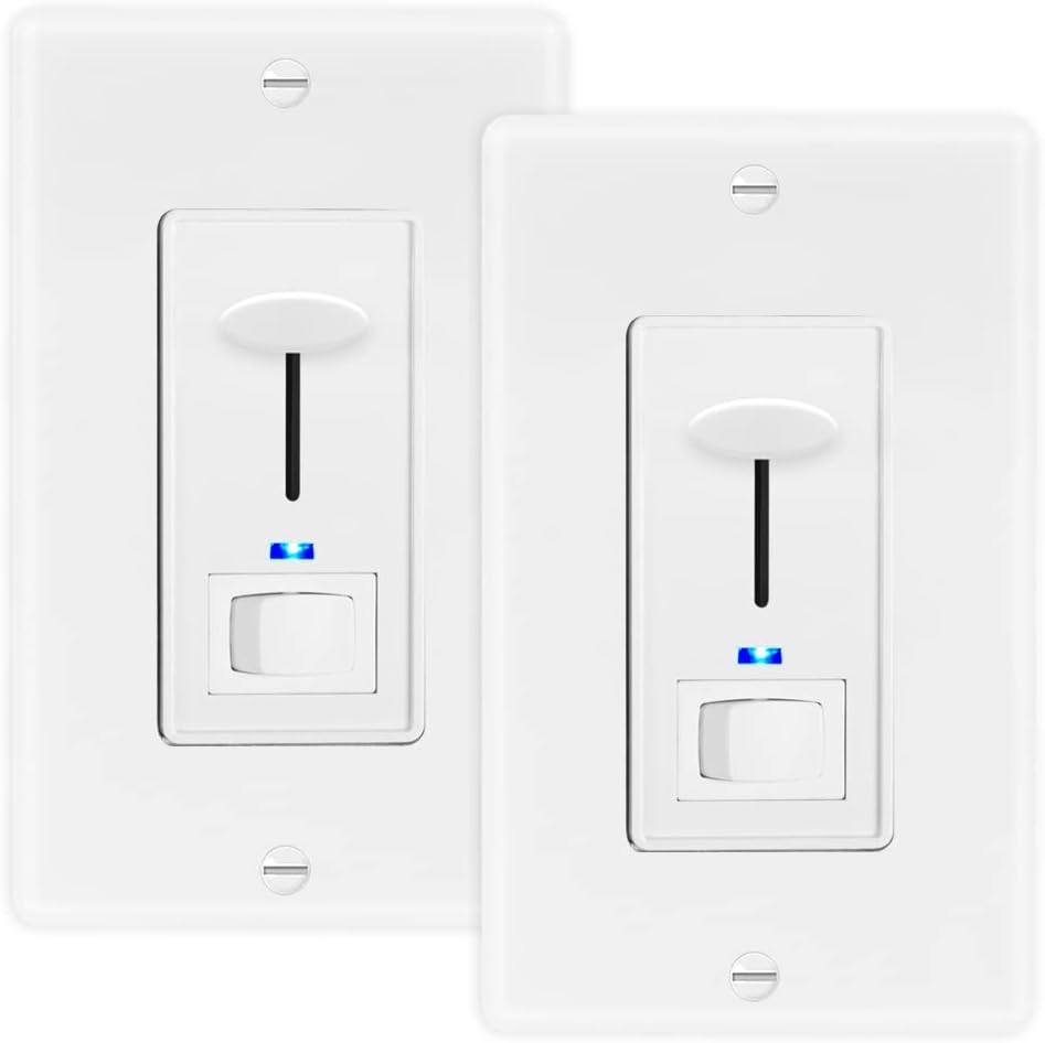 Maxxima Dimmer Electrical Light Switch – Featuring Blue Indicator Light, LED Compatible, 3-Way/Single Pole Use, 600 Watt Max, Dimmable Lamp and Lighting Control, Wall Plate Included – 2 Pack