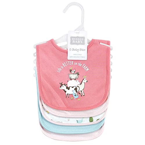 Image of Hudson Baby Unisex Baby Cotton Bibs, Pink Farm Animals, One Size