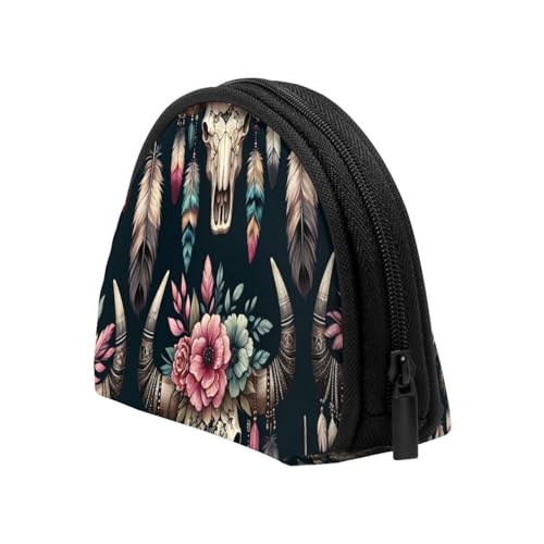 Portable Coin Purse Flower-Bull-Skulls-Indian Mini Zippered Money Pouch Card Holder4