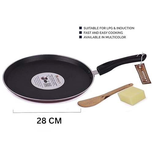 Image of Mumma's LIFE Non Stick Dosa Tawa with Sturdy Riveted and Bakelite Handle (Induction and Gas Stove Friendly), Non Toxic and PFOA Free, 24 Months Warranty (28, Red)