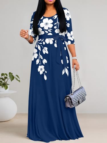 Image of PinkPatty Women's Print Maxi Dresses 3 /4 Sleeve Flowy Long Dress V Neck Wrap Tie Waist Sundress