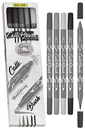 Online Calligraphy Brush Pens Grey I Dual Tip with Calligraphy Nib and Brush, Set with Watercolours, Waterbased Calli.Brush - DIY I Handlettering I Painting I Gift Cards I Bullet Journal