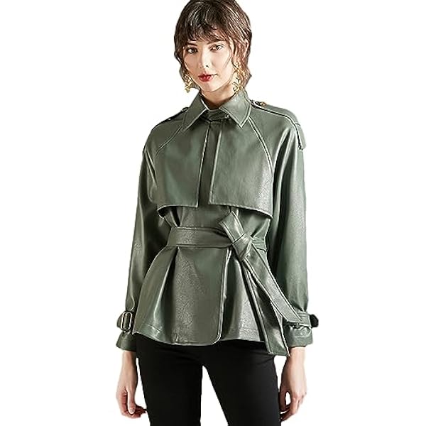 Adhdyuud Vrouwen Casual Revers Faux Lederen Jas Herfst Losse PU Jas Kantoor Dame Uitloper Met Riem