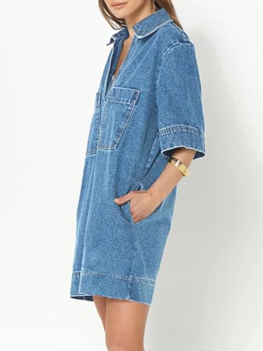 Fisoew Womens Denim Shirt Dress Summer Collared V Neck Mini Casual Jean Dresses with Pockets2