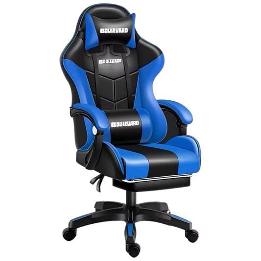 Boulevard Ergonomic Faux Leather Gaming Office Chair Footrest (Black & Blue)