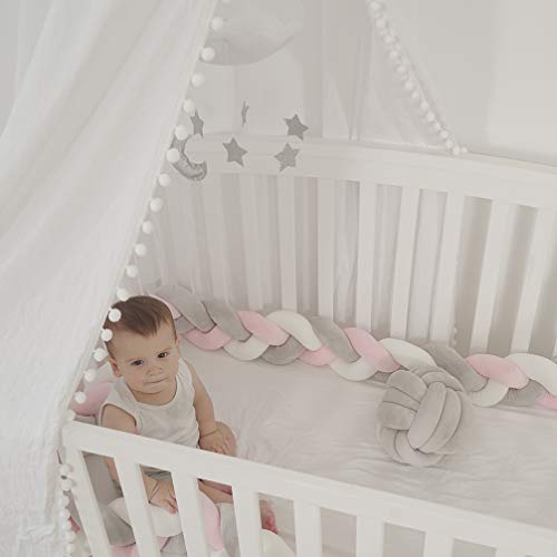 LOAOL Baby Bed Bumper Knotted Braided Plush Nursery Cradle Decor Newborn Gift Pillow Cushion Junior Bed Sleep Bumper (White-Gray-Pink, 6.5 Feet)