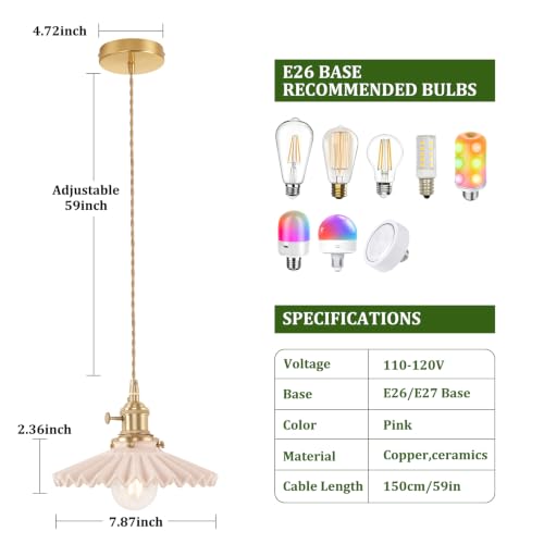 Image of Shenmoyl Pendant Light with Pink Pleated Ceramic Lmapshade, Brass Vintage Pendant Light Adjustable Hanging Light for Kitchen Island Dining Room Hallway