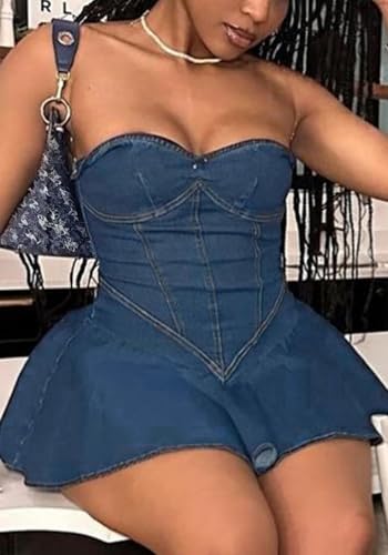 Image of Kwunbwa Women's Strapless Denim Dress Sexy Off Shoulder Corset Tube Pleated A Line Summer Mini Jean Dresses Clubwear