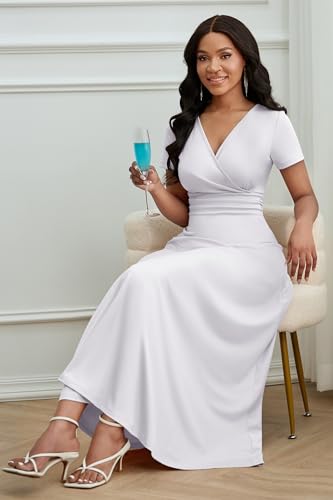 CLOCOR Maxi Dress for Women Long Formal Short Sleeve A Line V Neck Dresses Wedding Guest High Waist Elegant4